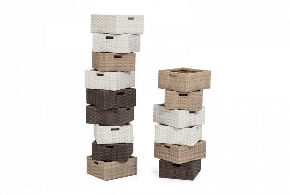 cabinet cesti polyrattan jollygiuncoeu two tall stacks of woven storage baskets in beige white and brown tones on a white background varying heights and lidless tops