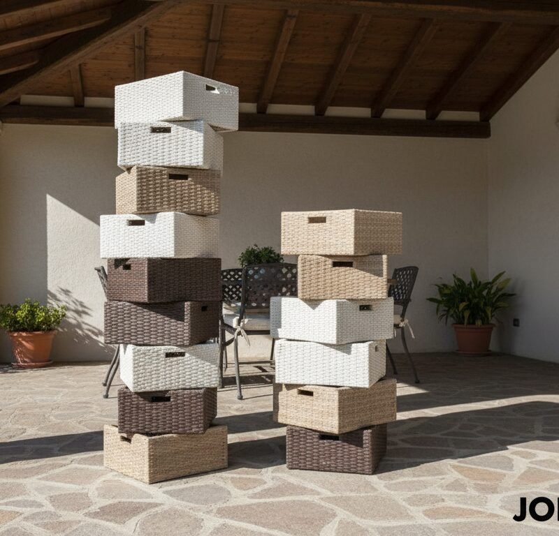 Stacked wicker storage baskets in a sunlit patio under a wooden pergola, with potted plants nearby.