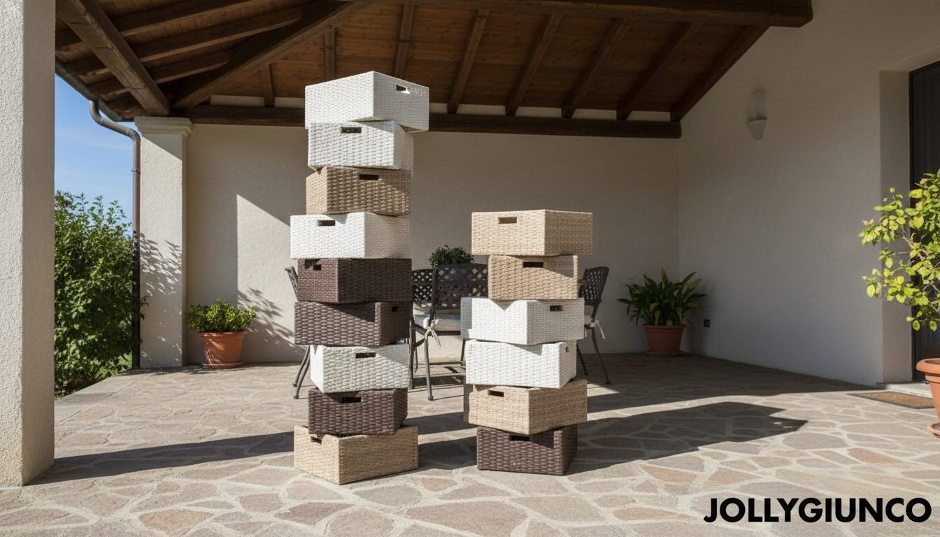 cabinet cesti polyrattan10 jollygiuncoeu stacked wicker storage baskets in a sunlit patio under a wooden pergola with potted plants nearby