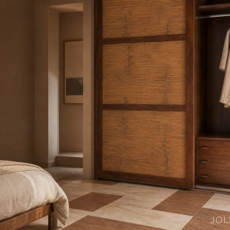 cozy beige bedroom with a large wooden wardrobe open closet and a wicker pendant light beside the bed