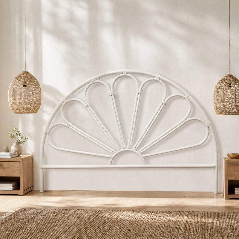 bedroom scene with a white wicker headboard hanging woven rattan lamps and wooden nightstands with plants and decor