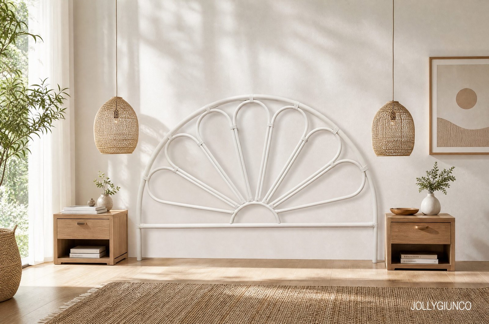 LettoMargheritaMatrimoniale10 jollygiuncoeu bedroom scene with a white wicker headboard hanging woven rattan lamps and wooden nightstands with plants and decor