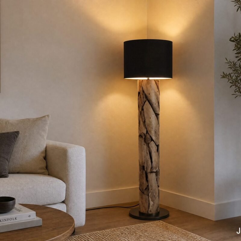 Cozy living room with a beige sofa and dark pillows, a round coffee table, and a sculptural wooden floor lamp casting warm light. A tall plant sits in a black pot nearby.