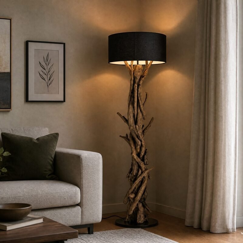 Beige living room corner with a neutral sofa, dark-driftwood floor lamp, and framed art, near a large window with light curtains.
