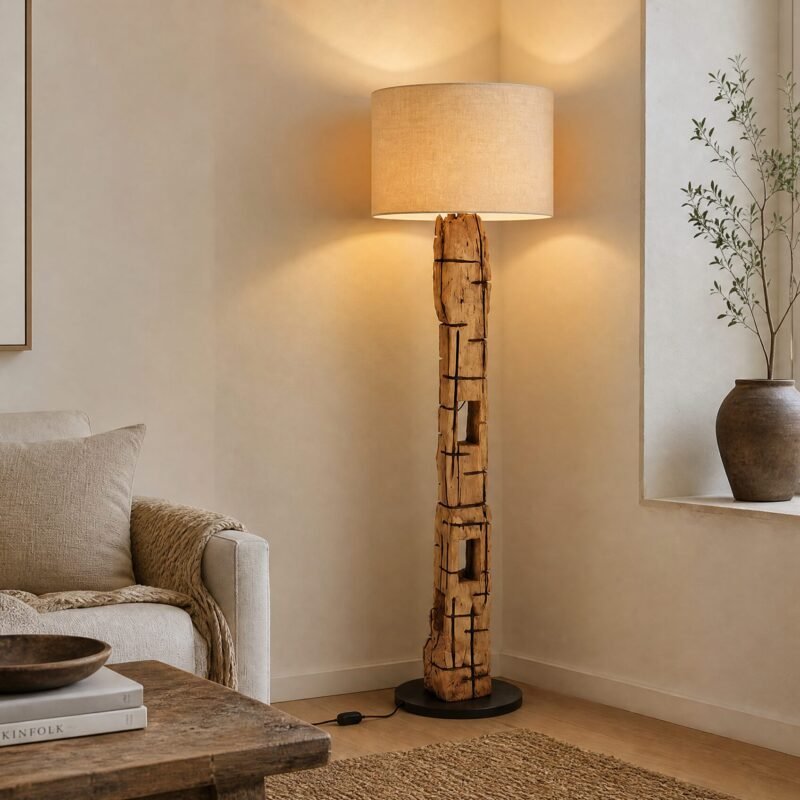 Cozy living room corner with a beige sofa, wooden coffee table holding Kinfolk magazines and a wooden bowl, and a tall rustic floor lamp beside a window with a potted plant.