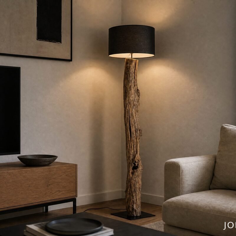Living room corner with a rustic floor lamp made from a tree trunk beside a beige sofa and a wall TV on a wooden cabinet, warm lighting.