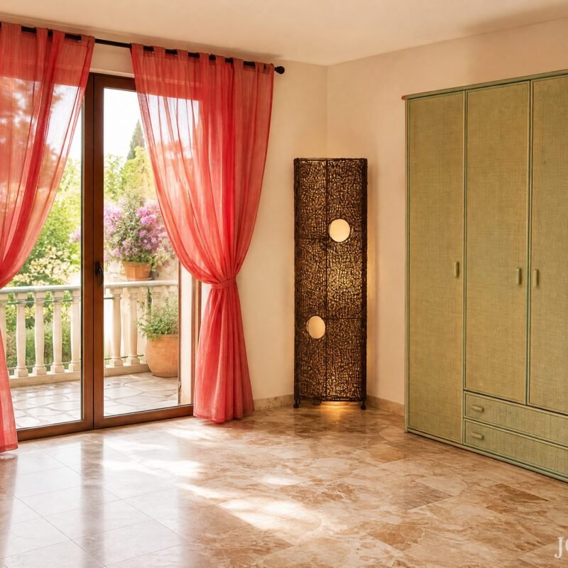 Living room scene with pink sheer curtains by glass doors opening to a balcony with potted plants, a tall wicker floor lamp, and a pale green wardrobe along the wall.