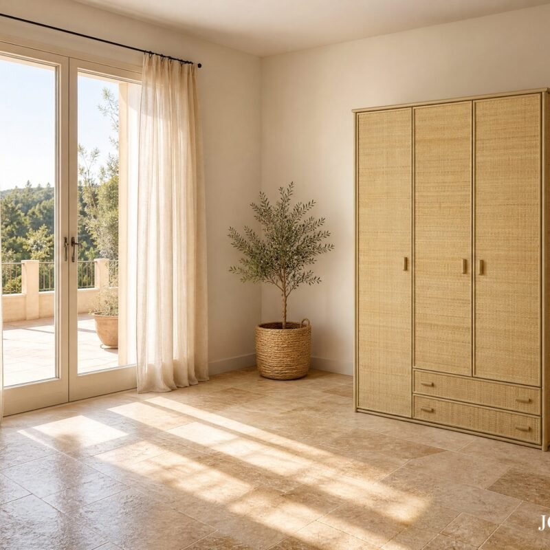 Bright interior with glass doors to a balcony, sheer beige curtains, and a tall woven wardrobe by a potted plant.