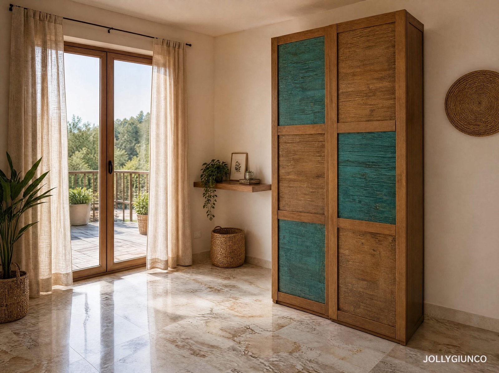 Armadio Asia con porte scorrevoli in rattan e legno massiccio
