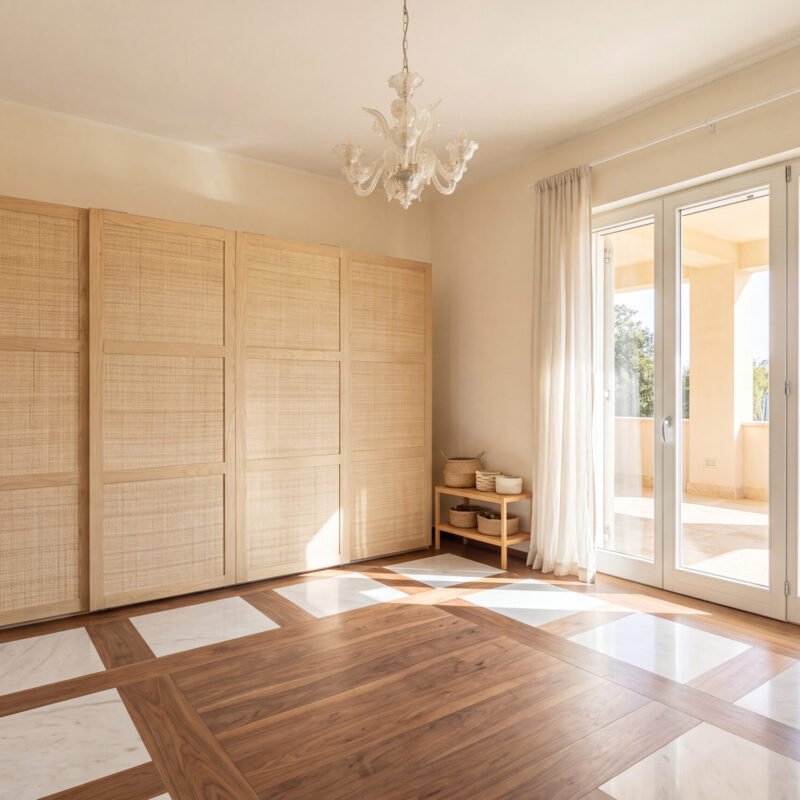 Bright room with tall woven-wood wardrobes, a glass chandelier, and large glass doors with sheer curtains.