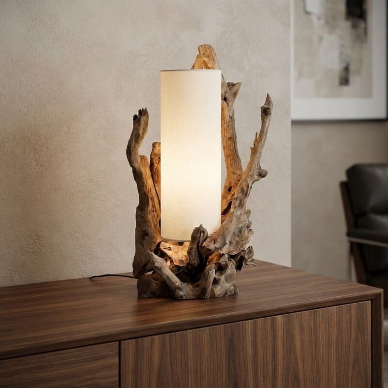 Driftwood base lamp on a wooden cabinet with a rectangular white shade in a living room corner