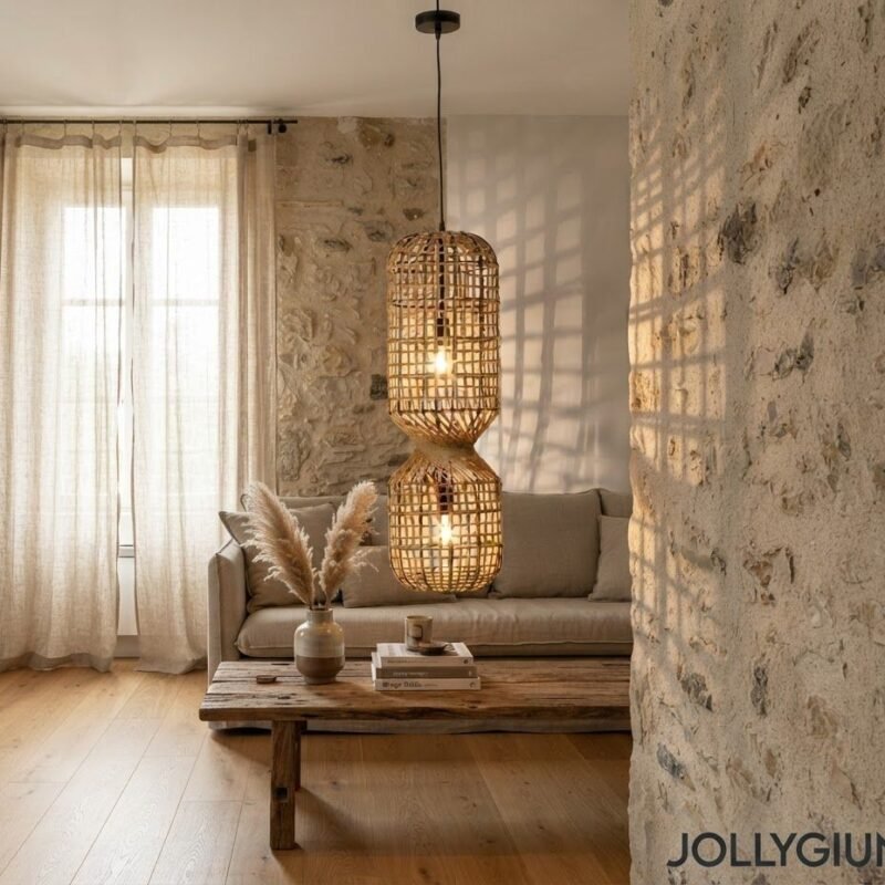Rustic living room with stone walls, beige sofa, and a woven wicker pendant light hanging above a wooden coffee table.