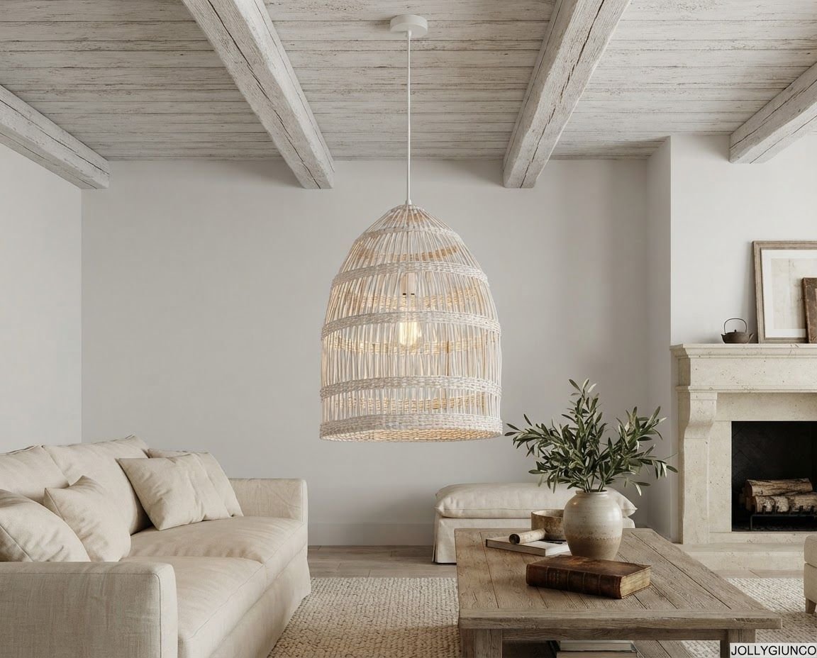 LAMPADARIO PRAIA BIANCO H6710 jollygiuncoeu neutral toned living room with a large woven pendant light beige sofa and a wooden coffee table by the fireplace