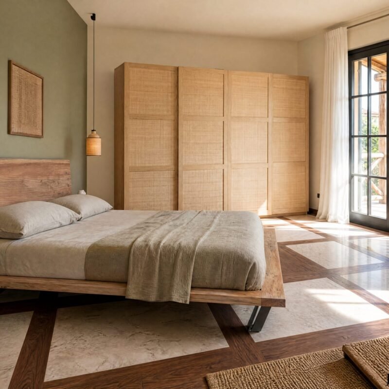 Bedroom with a low wooden platform bed, beige bedding, and a green accent wall, plus a tall woven-wood wardrobe and hanging pendant lights; glass doors to balcony.