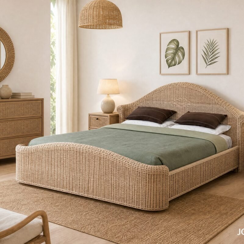 Bedroom with a woven rattan bed frame, matching nightstands, and a large circular woven mirror; green plants and botanical prints on the wall.
