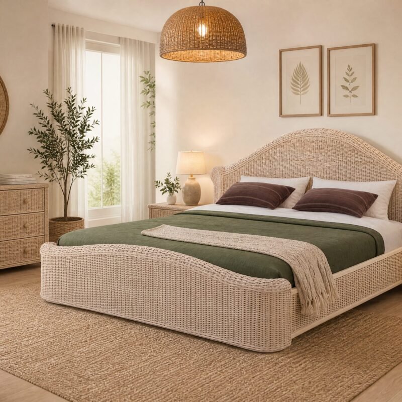 Cozy bedroom with a wicker bed and matching dressers, green bedding, potted plants, and warm ambient lighting; JOLLYGIUNCO watermark in corner.