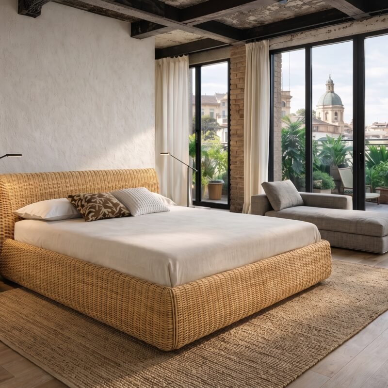 Bedroom with a woven rattan bed, beige bedding, and floor-to-ceiling windows opening to a city view with a domed cathedral in the distance.