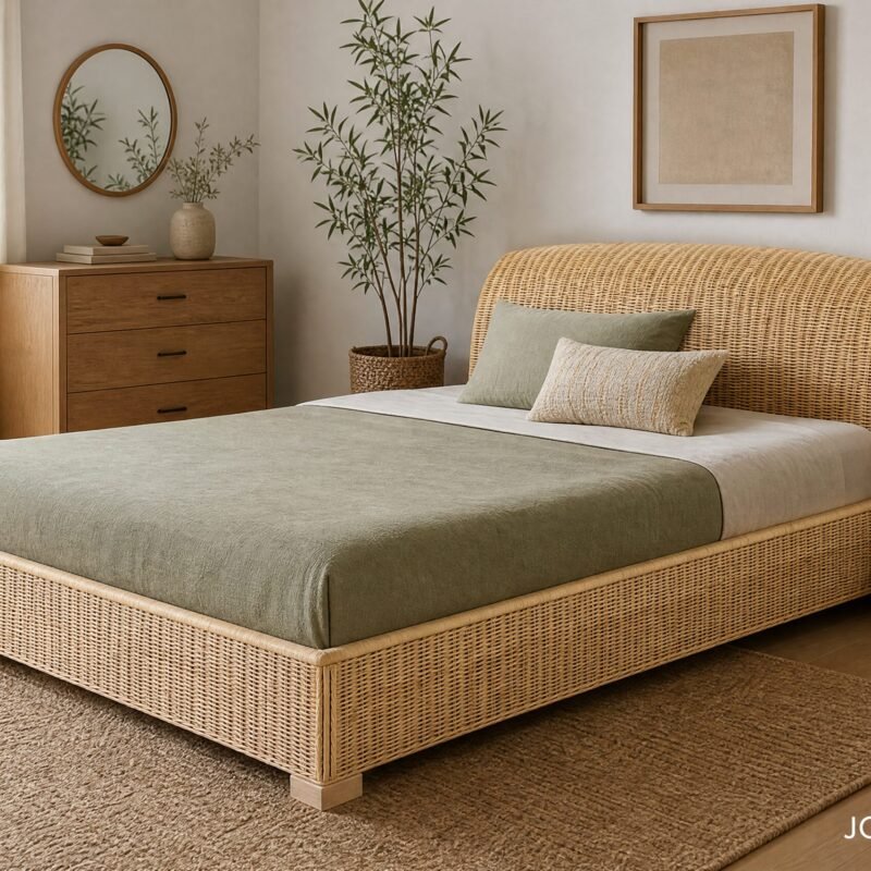 Bedroom with a woven rattan bed, green bedding, and matching wooden nightstands in a natural-toned space.