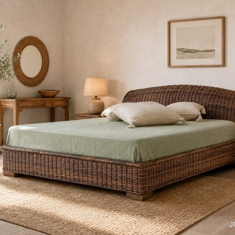 Bright bedroom with a woven rattan bed, pale green bedding, and natural light streaming through a doorway to the left.