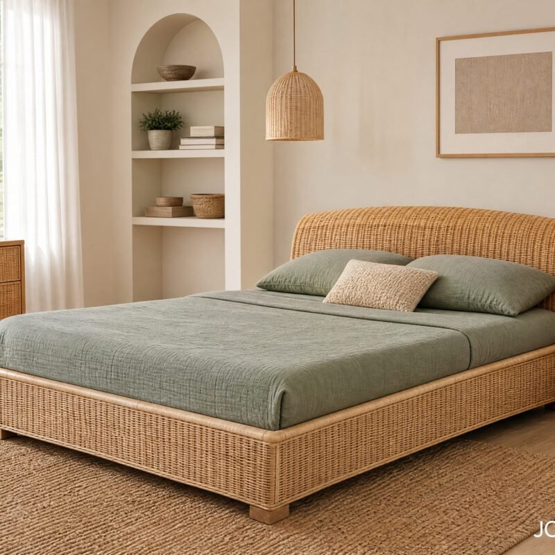 Bedroom with a wicker bed frame, matching nightstand and dresser, green bedding, and natural woven decor for a calm, boho look.