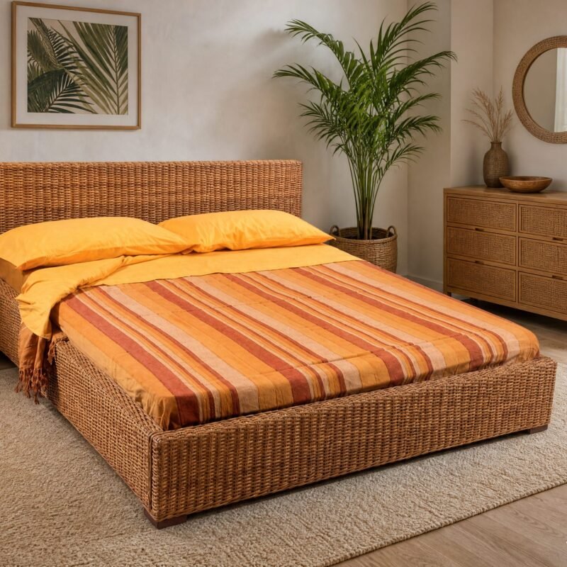 Bedroom with a woven rattan bed frame, orange striped duvet, a bedside lamp, and a tall green plant in the corner.