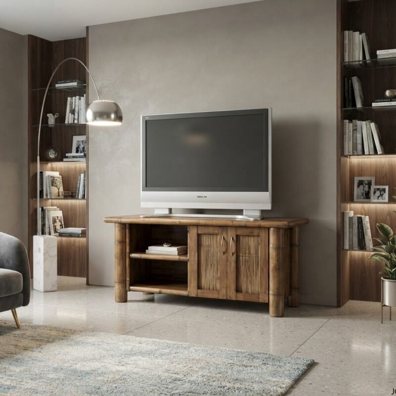 Mobile porta TV in crash bambù con 2 ante, legno massiccio e canne di bambù. Produzione artigianale italiana, disponibile su misura e in varie colorazioni.