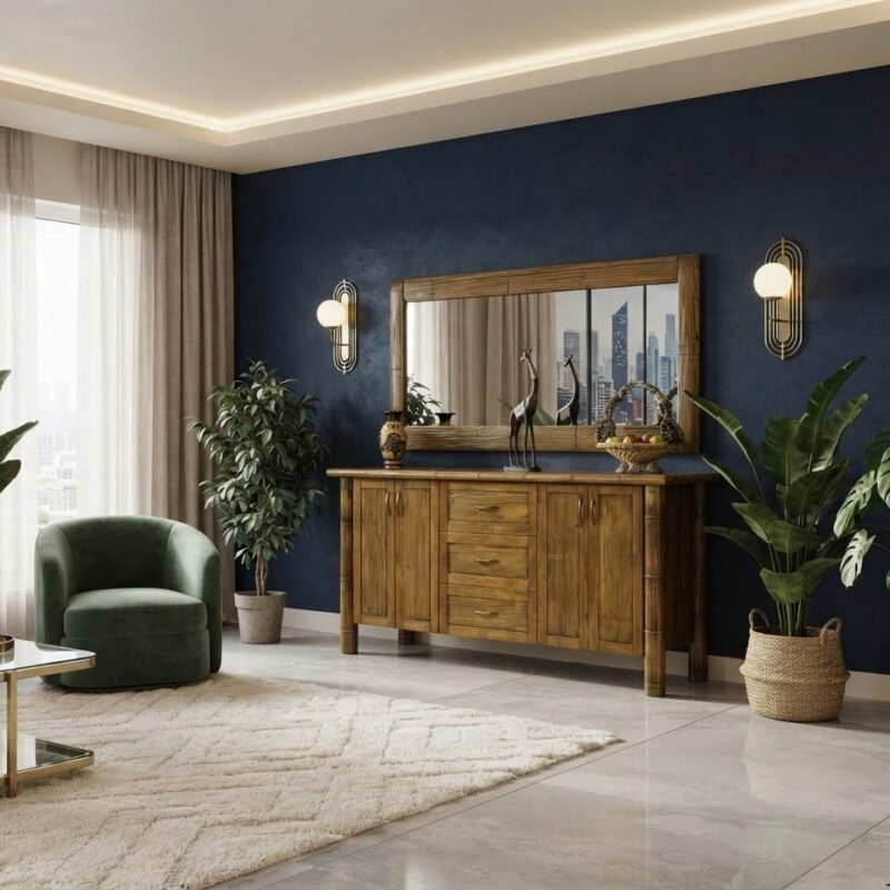 Specchio artigianale in bambù e legno massiccio con finitura noce decapè nero. Elegante e realizzabile su misura in diverse colorazioni.