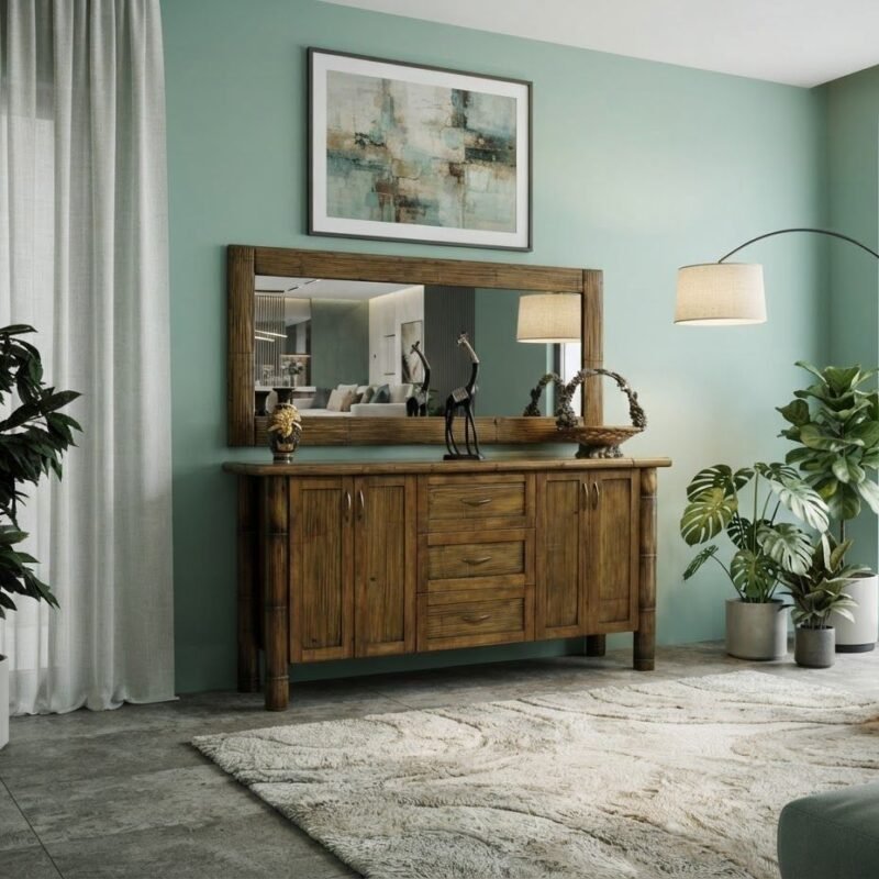 Specchio artigianale in bambù e legno massiccio con finitura noce decapè nero. Elegante e realizzabile su misura in diverse colorazioni.