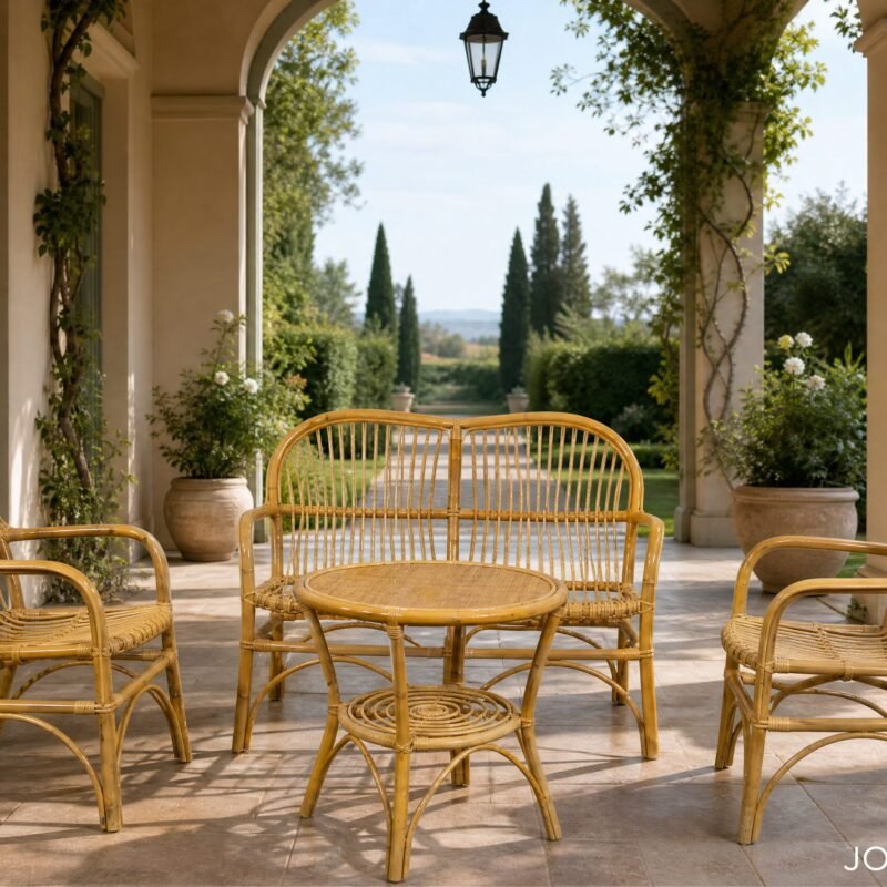 Outdoor patio with light wicker furniture (round table and chairs) on a sunny veranda, arched columns and lush garden beyond.