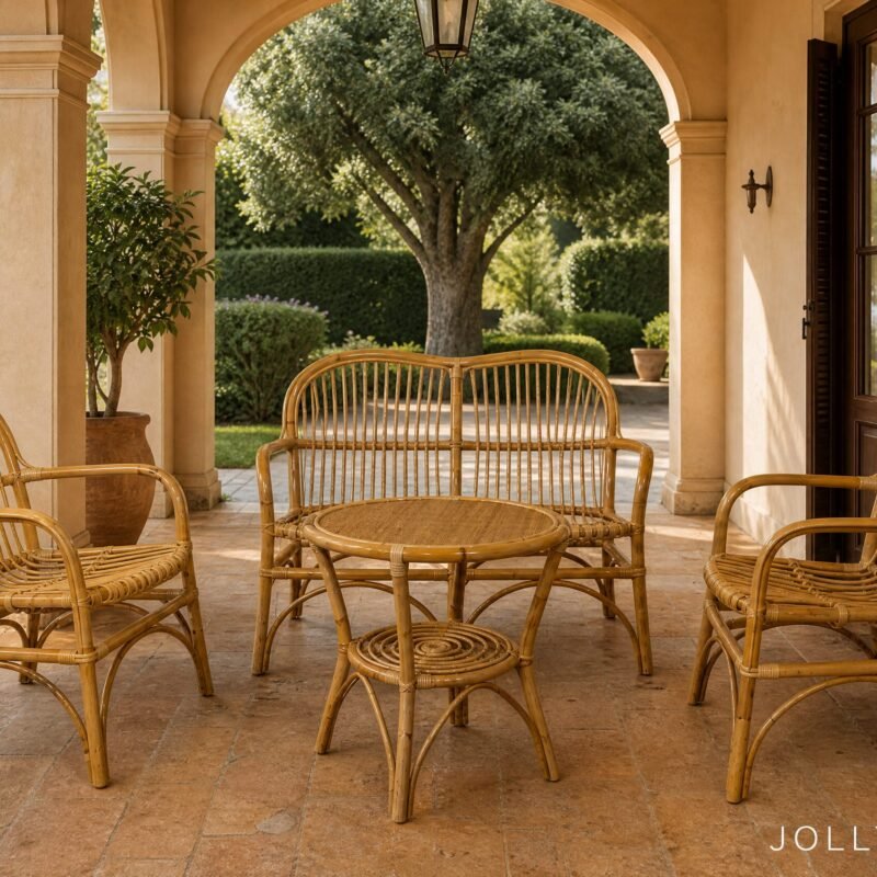 Outdoor patio with a round wicker table and chairs under arches, facing a lush garden beyond.