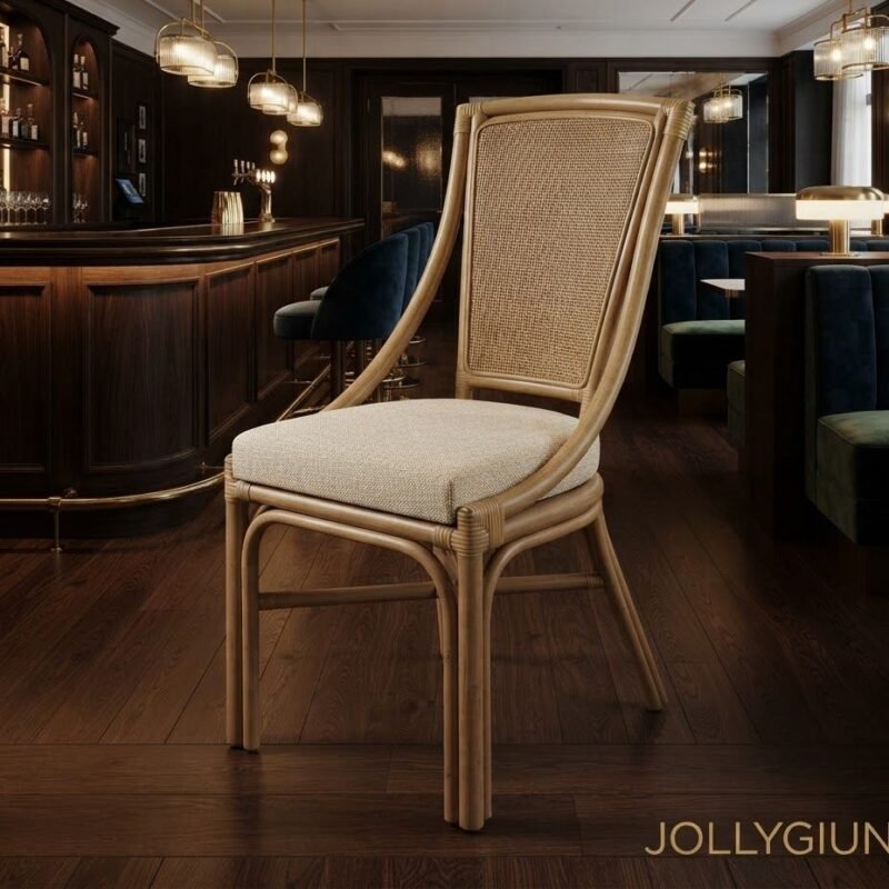 wicker framed chair with a woven backrest in a luxury bar dark wood counter and blue velvet booths in the background