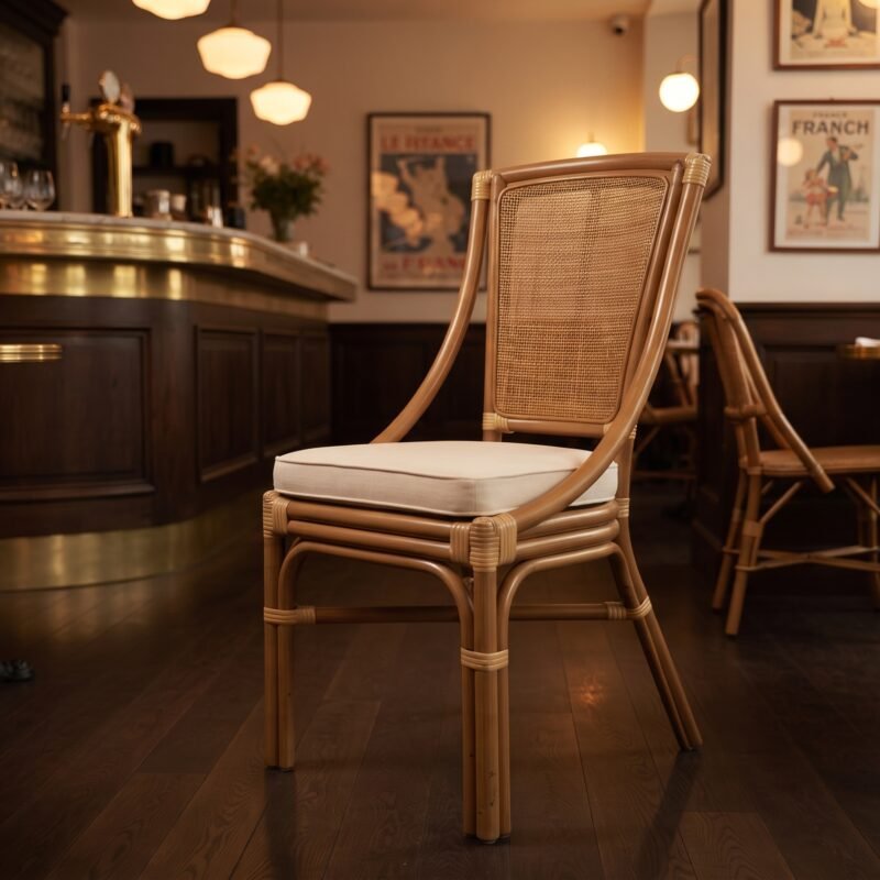 Empty upscale cafe or bar with a woven rattan chair in the foreground, dark wood bar, warm lighting, and framed posters on the wall in the background.