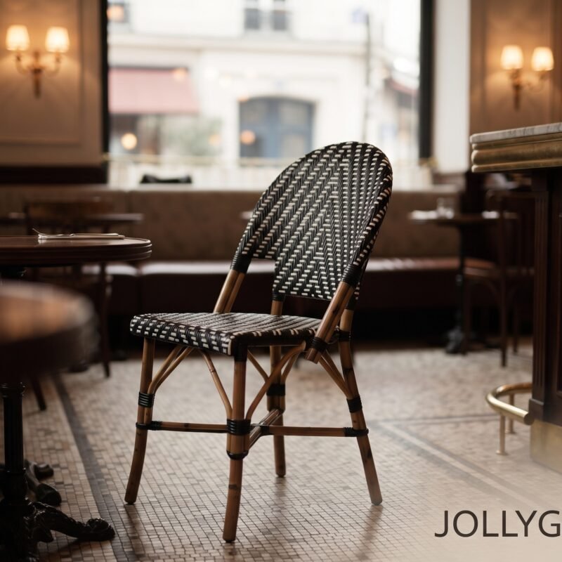 Wicker cafe chair at a dimly lit bar, with a marble counter to the right and warm lamps in the background.