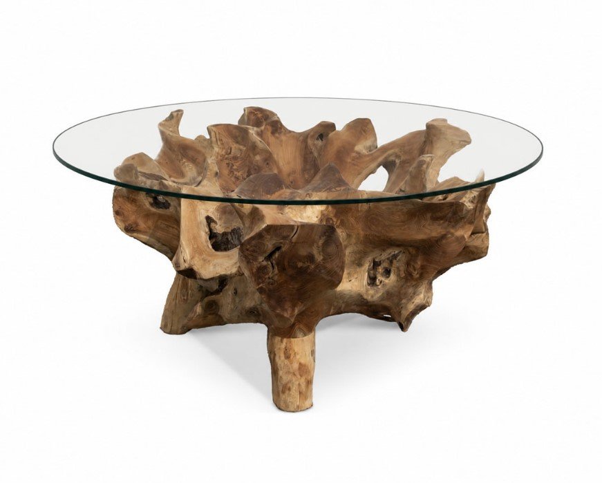131 Radice Tavolo da fumo1 jollygiuncoeu round glass top table supported by a natural wooden root base with hollowed sculptural legs and pedestal