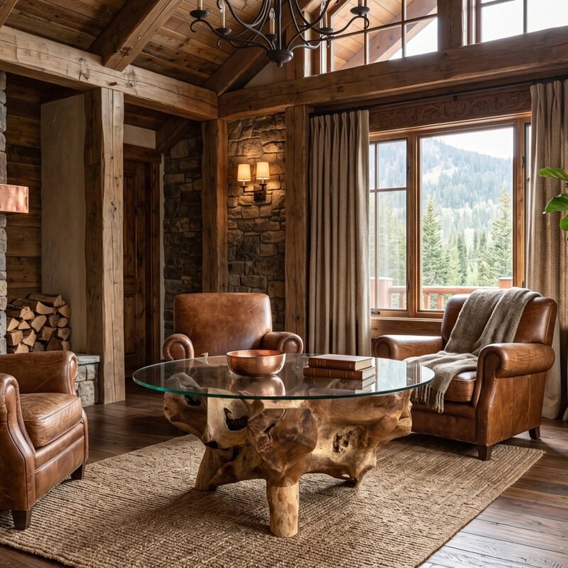 Cozy rustic living room with leather chairs, stone fireplace, and wooden beams; large window showing mountains and trees.