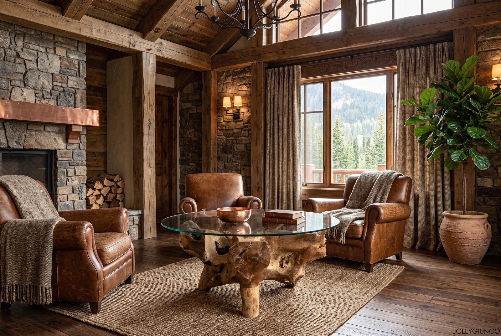 131 Radice Tavolo da fumo10 jollygiuncoeu cozy rustic living room with leather chairs stone fireplace and wooden beams large window showing mountains and trees