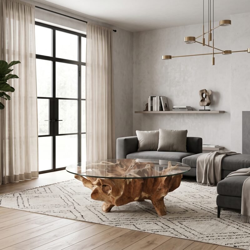 Modern living room with a gray sectional sofa, glass coffee table on a natural wood floor, and a fireplace against a textured wall.