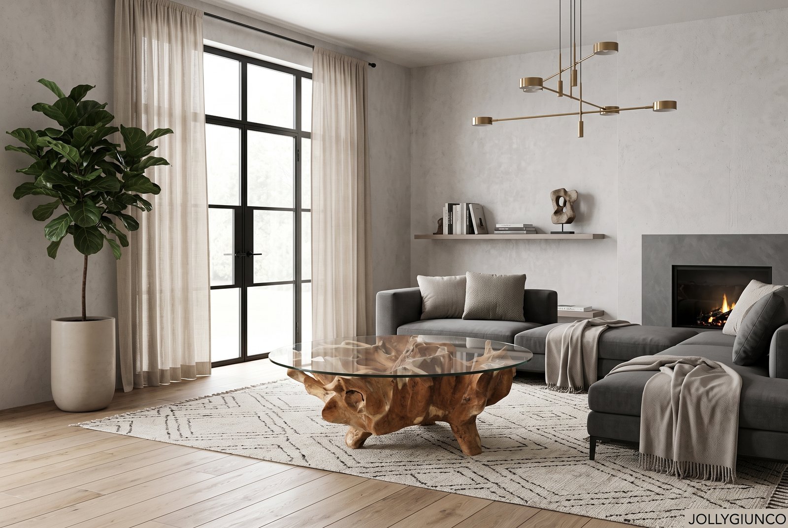 132 Radice Tavolo da fumo10 jollygiuncoeu modern living room with a gray sectional sofa glass coffee table on a natural wood floor and a fireplace against a textured wall