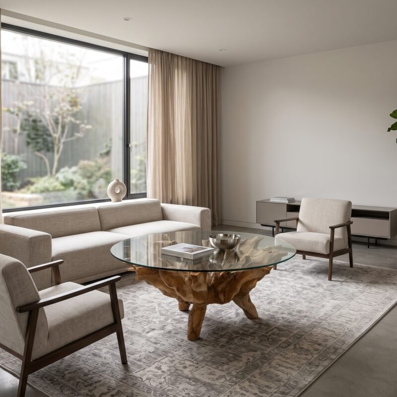 Modern living room with beige sofas, a glass coffee table, and a large window with sheer beige curtains.