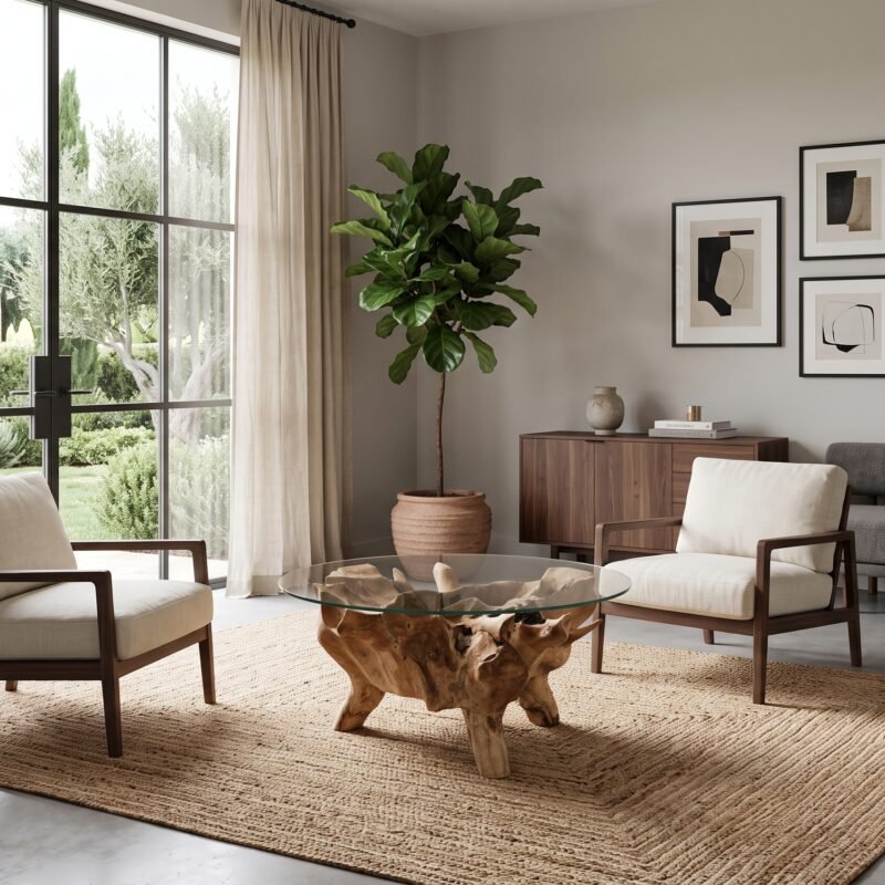 Bright living room with large glass doors opening to a garden, beige curtains, a tall plant, and mid-century chairs around a glass coffee table on a woven rug in front of a neutral wall adorned with abstract art.