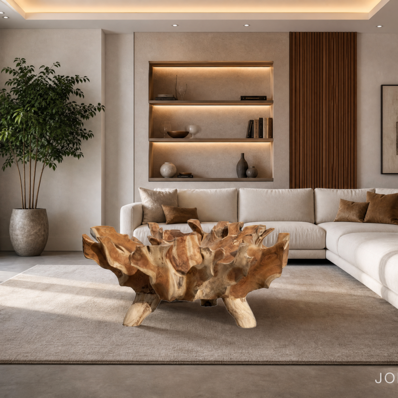 Modern living room with a beige sectional sofa, illuminated built-in shelves, and a sculptural wooden coffee table.