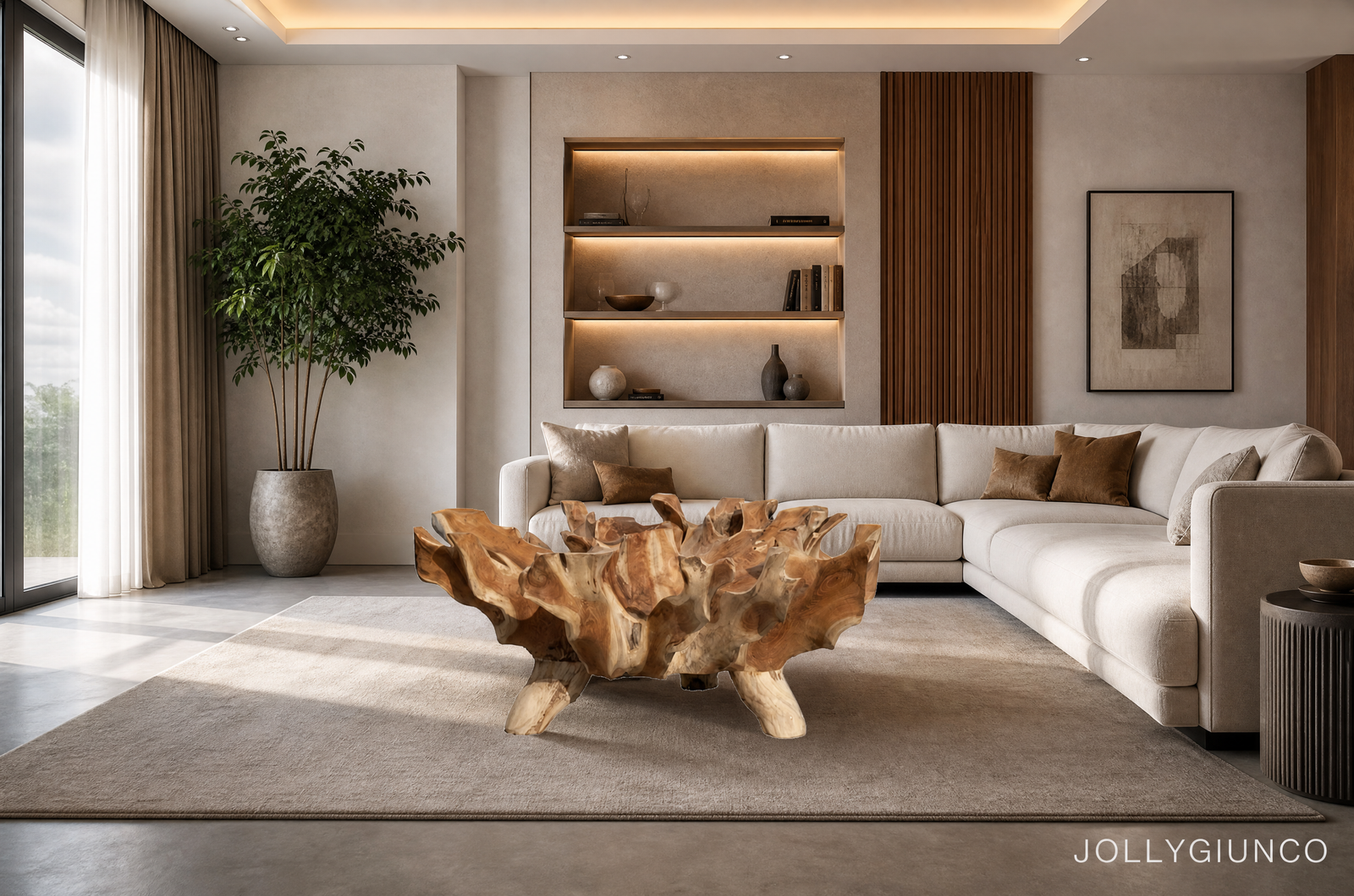 137 Radice Tavolo da fumo10 jollygiuncoeu modern living room with a beige sectional sofa illuminated built in shelves and a sculptural wooden coffee table