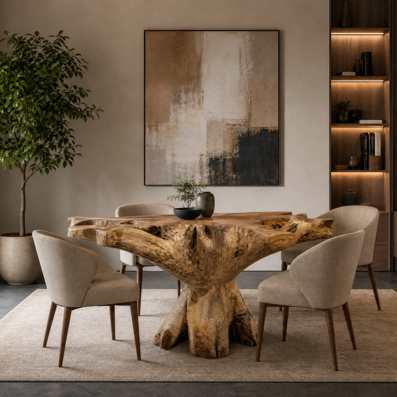 Elegant dining area with a sculptural wooden table surrounded by beige chairs, a large potted plant on the left, and built‑in shelves with warm lighting on the right.