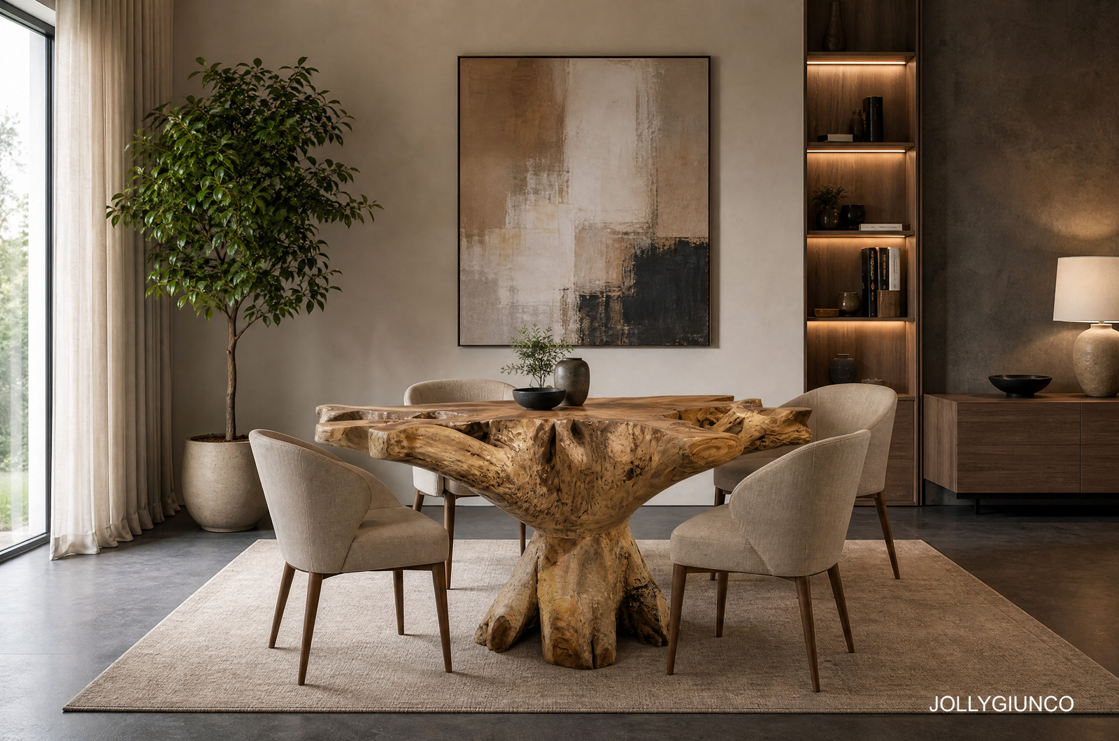 81 Radice Tavolo da pranzo11 jollygiuncoeu elegant dining area with a sculptural wooden table surrounded by beige chairs a large potted plant on the left and builtin shelves with warm lighting on the right