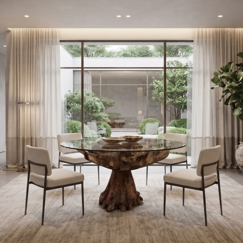 Modern dining room with a round glass table perched on a natural wood pedestal, surrounded by cream chairs and sheer-curtained windows overlooking greenery.