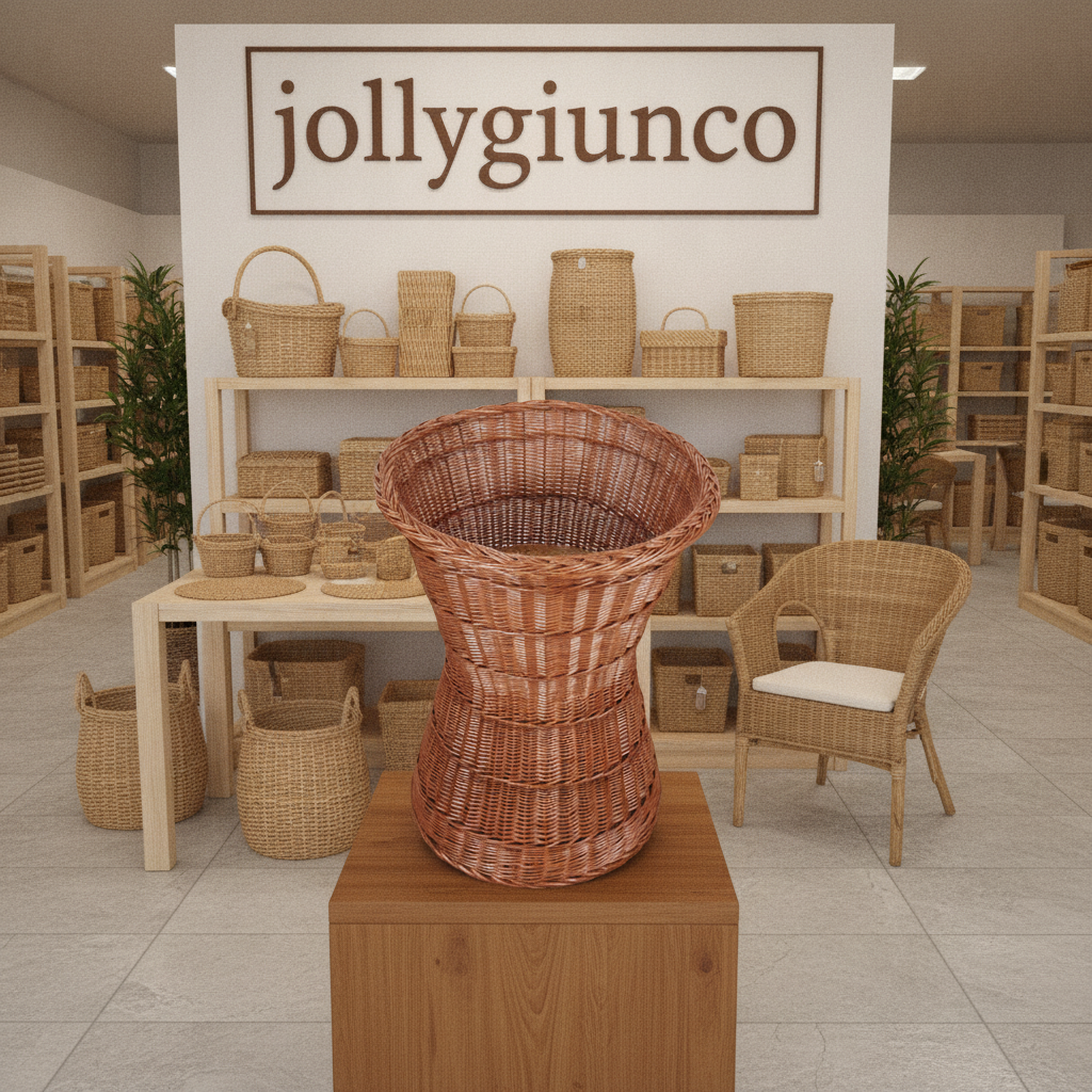 CLESSIDRA VIMINI ROSSO DIA60H90 FONDO INTERNO LEGNO 10 jollygiuncoeu wicker baskets on shelves in a home decor store with a large woven vase centered on a wooden pedestal in the foreground