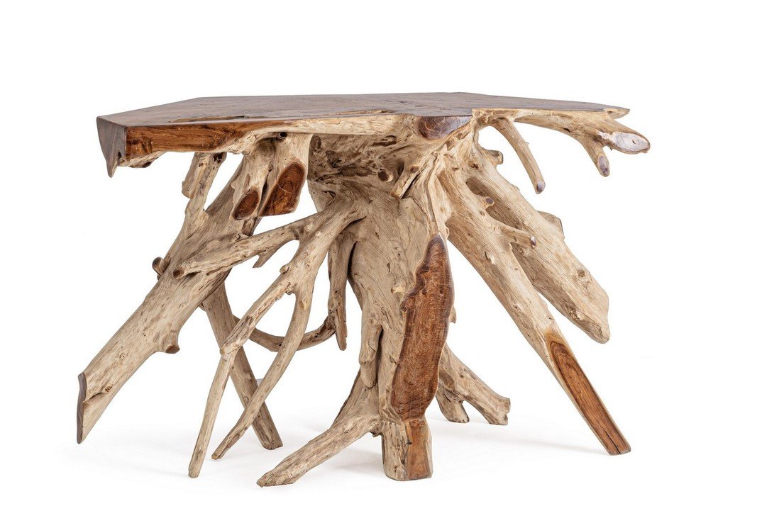 CONSOLLE LISANDRA 120X45 jollygiuncoeu rustic coffee table with a natural wood top and sculptural driftwood base of tangled branches white background