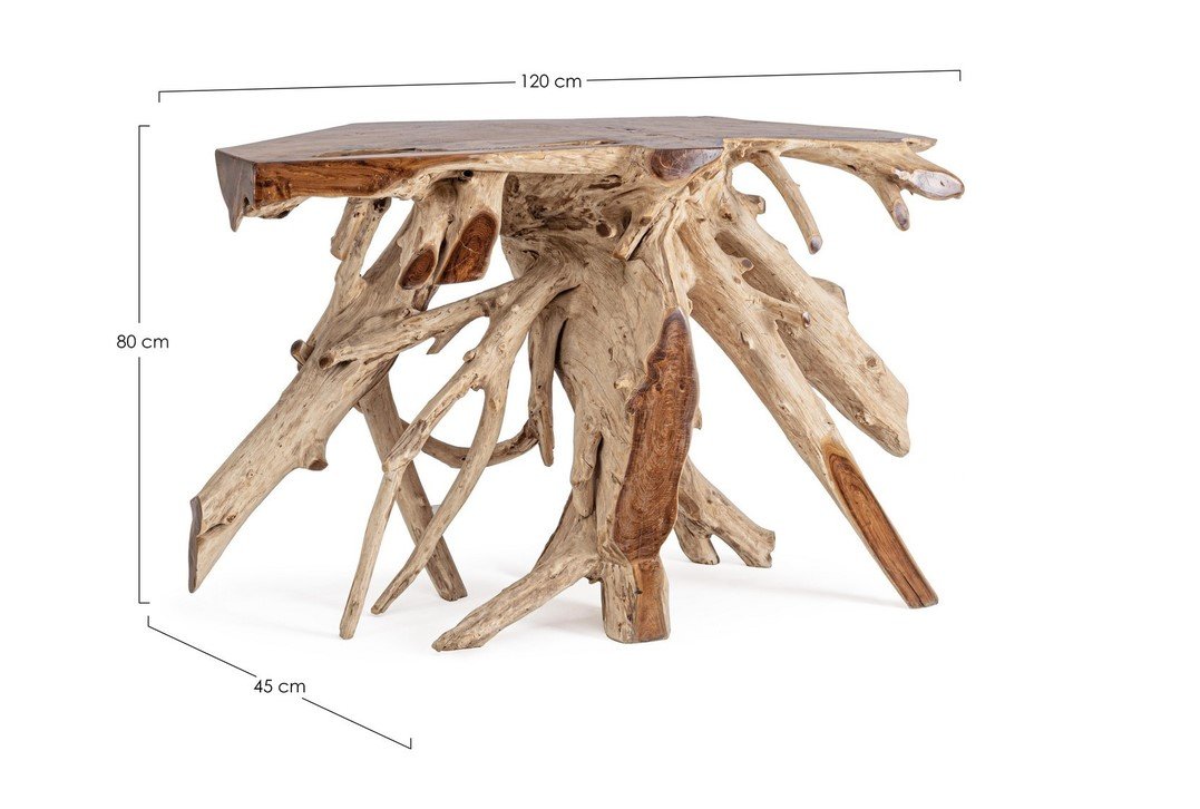 CONSOLLE LISANDRA 120X45 1 jollygiuncoeu driftwood style coffee table with a natural sculptural base and a flat wooden top 120 cm long 80 cm high 45 cm wide to the viewers leftright