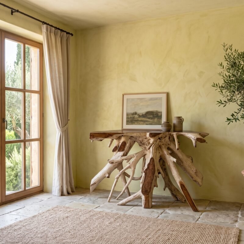 Sunlit corner of a room with a rustic wooden table, large windows, and a potted plant beside a framed landscape.