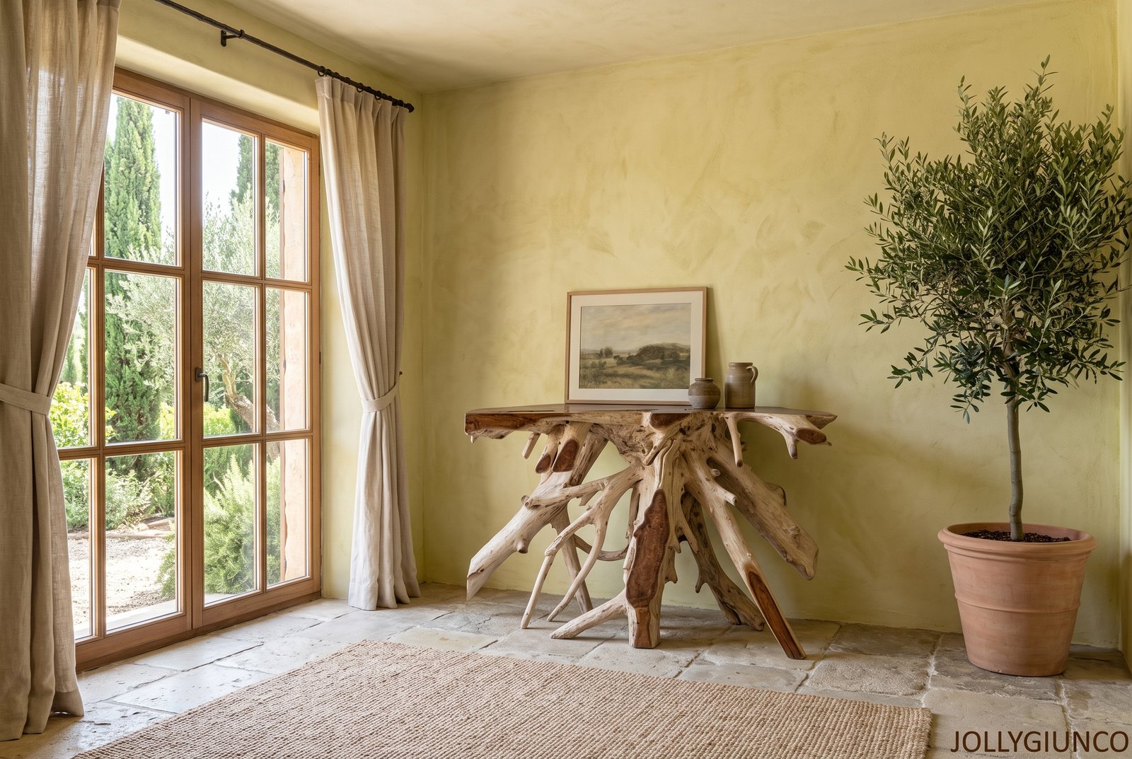 CONSOLLE LISANDRA 120X45 10 jollygiuncoeu sunlit corner of a room with a rustic wooden table large windows and a potted plant beside a framed landscape